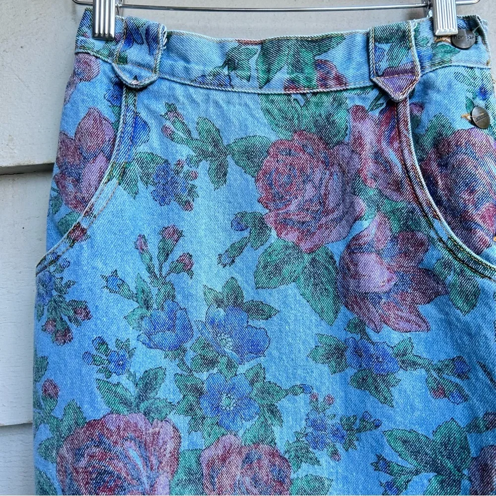 Vintage Floral Denim Skirt Side Buttons Midi Maxi 80s 90s Y2K Grunge Size XXS